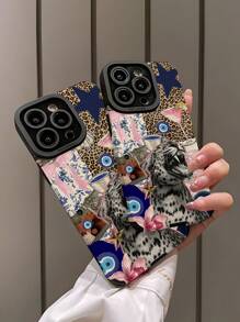 Apple Animal 1pc Pink, Leopard Print & Eye Graphic Vertically Striped Faux Leather Phone Case, Shock-Proof, Anti-Fingerprint Compatible With Iphone And Models Waterproof Anti-Fall Scratch Resistant - Multicolor - View 4