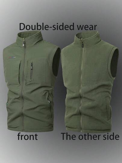 Men's Sleeveless Padded Vest With Stand Collar, Casual Outdoor Fishing Fleece Reversible Gilet With Multiple Pockets For Winter