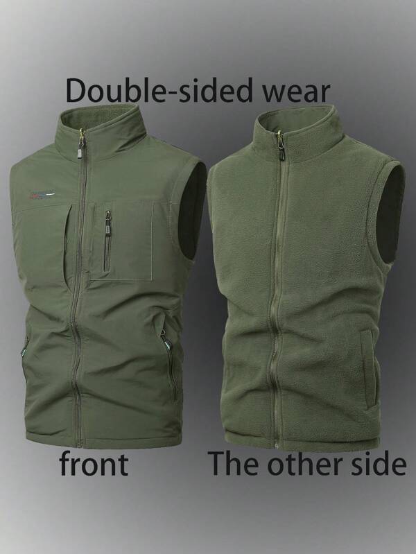 Men's Sleeveless Padded Vest With Stand Collar, Casual Outdoor Fishing Fleece Reversible Gilet With Multiple Pockets For Winter