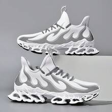 男士时尚火焰印花运动鞋，耐用 PU 耐磨防滑户外步行鞋，适合春季 - 白色 - 查看 1