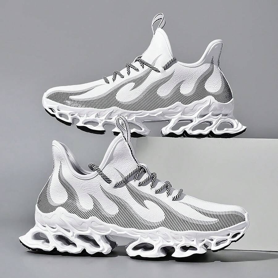 男士时尚火焰印花运动鞋，耐用 PU 耐磨防滑户外步行鞋，适合春季 - 白色 - 查看 1