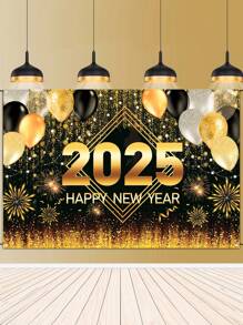 1 件 100*150 厘米新年快乐庆祝背景横幅，新年烟花气球倒计时时钟风格涤纶吊旗背景布适用于 2025 年新年派对家庭房间家庭活动照片展位节日墙壁背景装饰，新年礼物，花园庭院装饰花园旗帜 - 新年氣球 - 查看 5