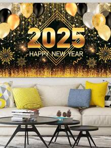1 件 100*150 厘米新年快乐庆祝背景横幅，新年烟花气球倒计时时钟风格涤纶吊旗背景布适用于 2025 年新年派对家庭房间家庭活动照片展位节日墙壁背景装饰，新年礼物，花园庭院装饰花园旗帜 - 新年氣球 - 查看 6