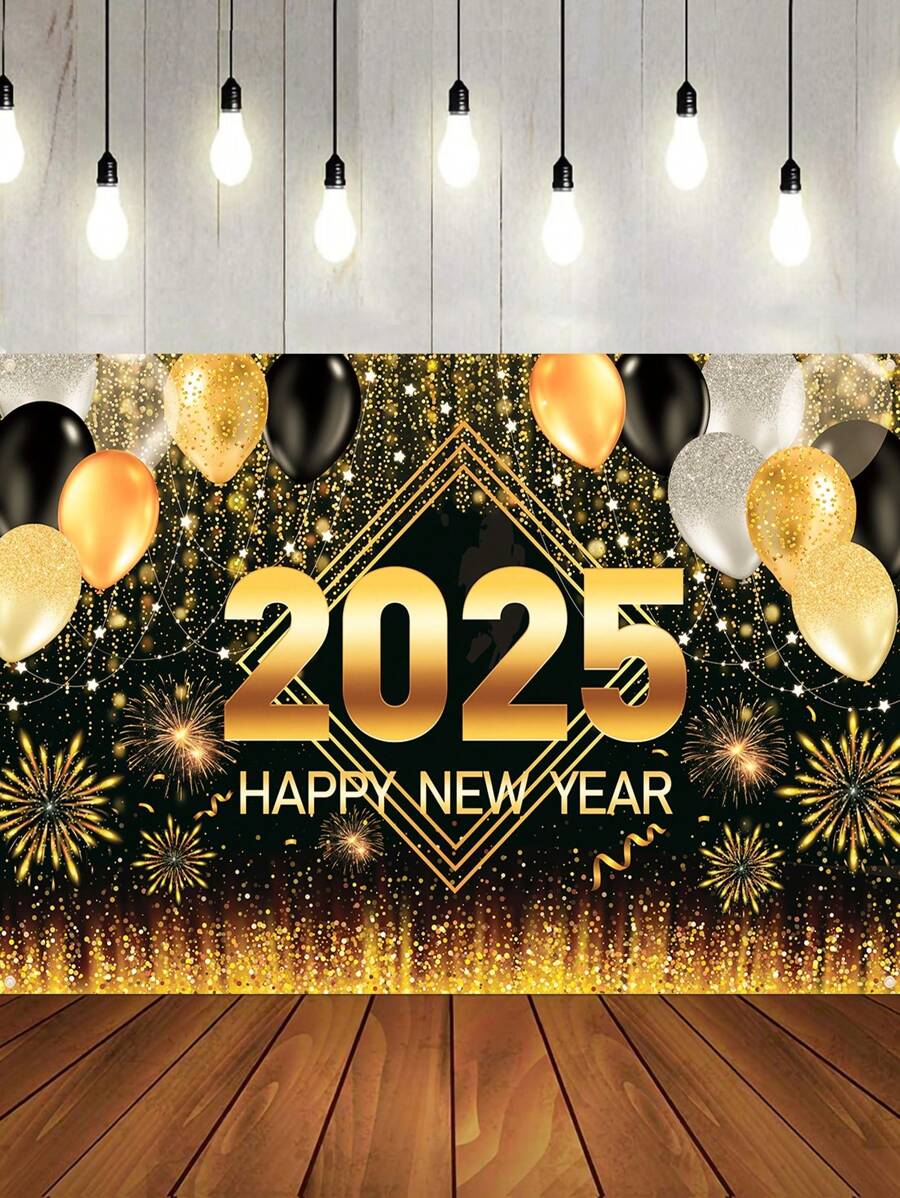 1 件 100*150 厘米新年快乐庆祝背景横幅，新年烟花气球倒计时时钟风格涤纶吊旗背景布适用于 2025 年新年派对家庭房间家庭活动照片展位节日墙壁背景装饰，新年礼物，花园庭院装饰花园旗帜