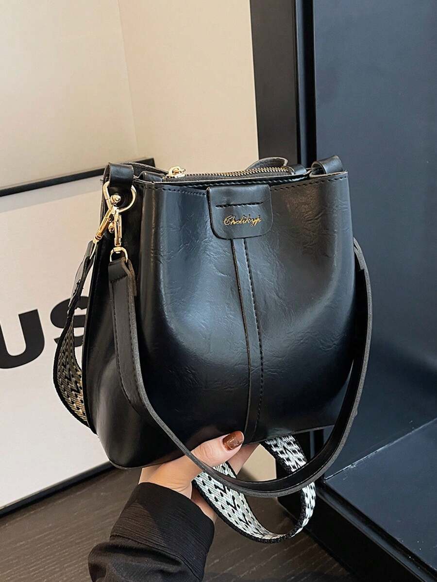 迷你夏季时尚潮流纹理纯色 PU 水桶包复古百搭女士单肩包 - 黑色 - 查看 1