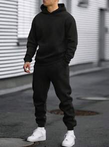 2er/Set Jungen Lässig Fleece Hoodie & Jogginghose Set, geeignet für Reisen und Hauskleidung im Herbst/Winter - Schwarz - Übersicht 1