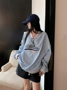 女士字母印花 V 领长袖运动衫 - 藍色 - 查看 1