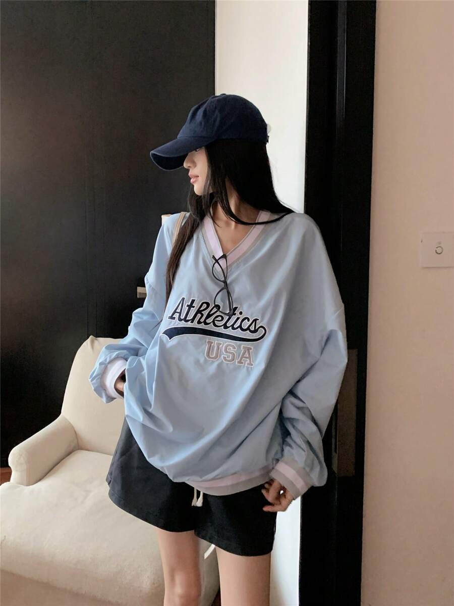 女士字母印花 V 领长袖运动衫 - 藍色 - 查看 1