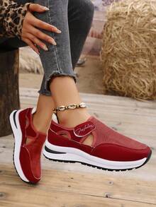 2024 年秋季新款女士鞋，厚底防滑透气，加大码钩环一键式运动休闲平底鞋 - 酒紅色 - 查看 2