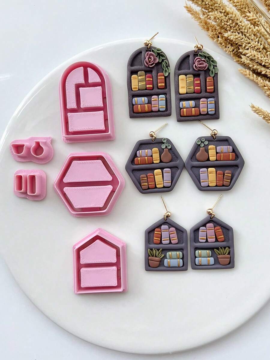 Bookshelf Shape Polymer Clay Cutters, Clay Earring Cutters For Polymer Clay Jewelry Making, Polymer Clay Stud Earring Making Tools, Clay Jewelry Making Kit, Clay Earring Molds, PLA Material, DIY Earring Gift - Pink - View 1
