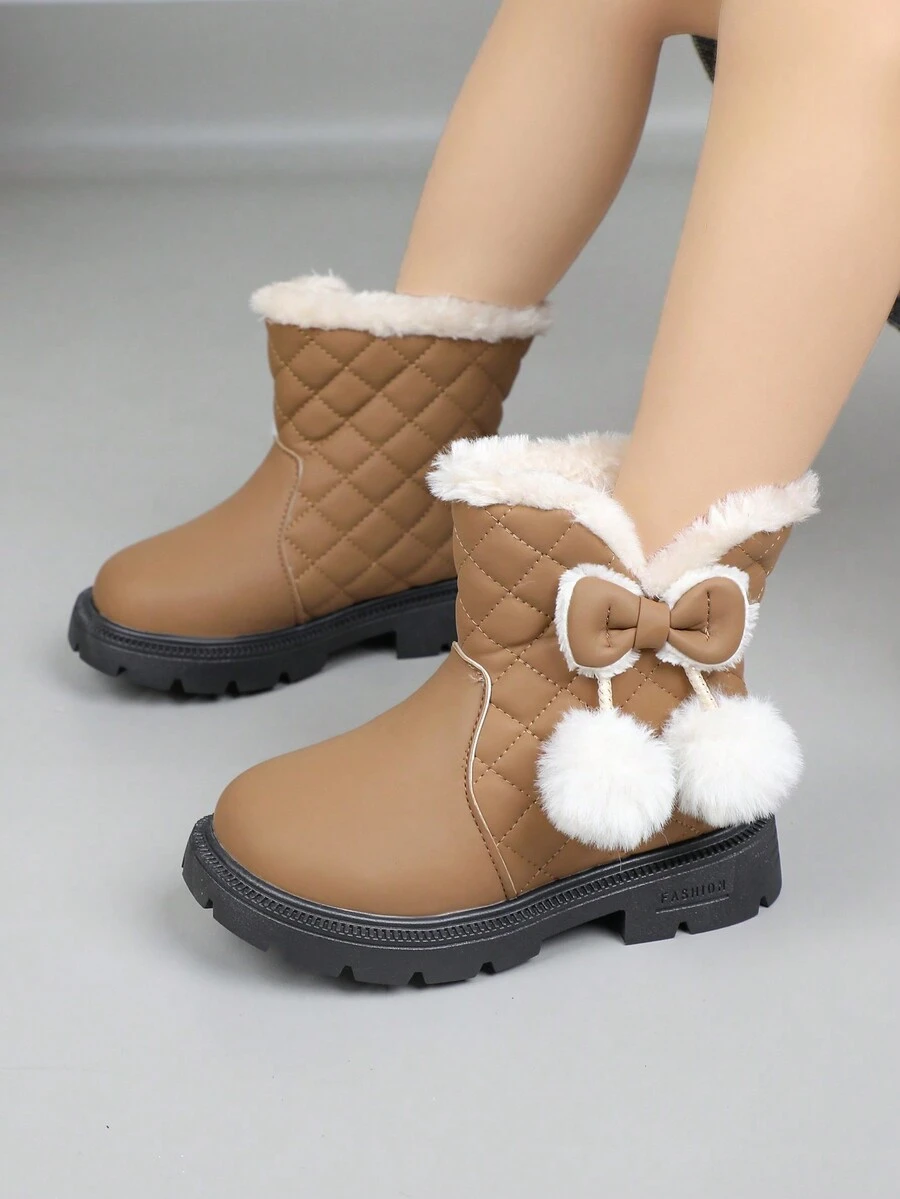 1 双女孩毛球设计冬季平底皮靴 - 卡其色 - 查看 1