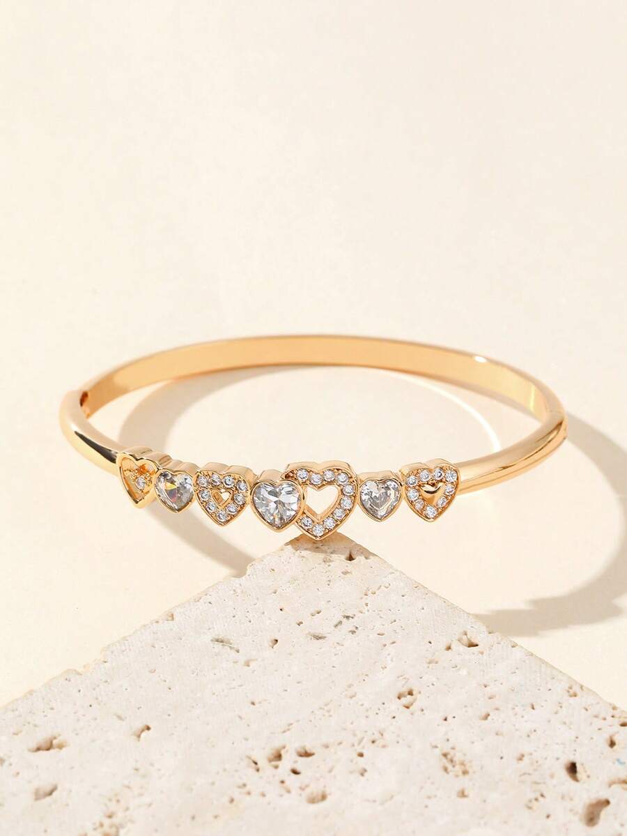 1 chiếc vòng tay đính đá Rhinestone hình trái tim 18k vàng dành cho nữ, vòng tay sáng bóng thanh lịch dành cho tiệc sinh nhật, quà tặng trang sức cưới hàng ngày - Vàng - Xem 1