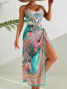 PEPPERMOLLY New Style Fixed Print Back Tie One-Piece Bikini With Wrap Skirt Summer Beach Fashion Women's Swimsuit Vacation - Blue - View 5