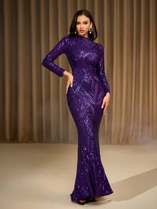 LOVE&LEMONADE Đầm dạ hội maxi dài tay màu tím cổ đứng đính sequin (phần trên phía trước, họa tiết ngẫu nhiên phía sau, không khớp vị trí), đầm dự tiệc trang trọng thanh lịch, thích hợp cho khách dự đám cưới, lễ tốt nghiệp, tiệc tối, tiệc tùng mùa xuân. - Màu tím - Xem 3