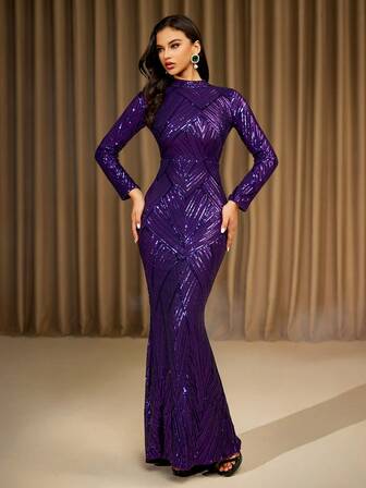 LOVE&LEMONADE Purple Long Sleeve Stand Collar Sequin Maxi Evening Dress (Front Upper Half, Randomized Pattern Rear, Not Position Matched), Elegant Formal Prom Gown, For Wedding Guest, Graduation, Dinner, Party Dress