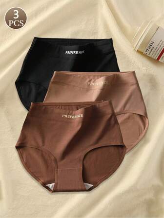 3 pezzi Mutande in cotone da donna, biancheria intima comoda e traspirante a vita alta in colore tinta unita sexy