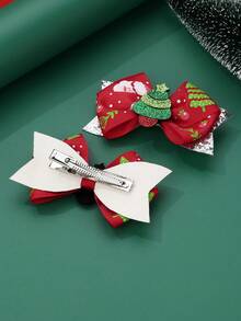 2 件/套女孩红色蝴蝶结涤纶圣诞树发夹，适合圣诞节 - 紅色 - 查看 4