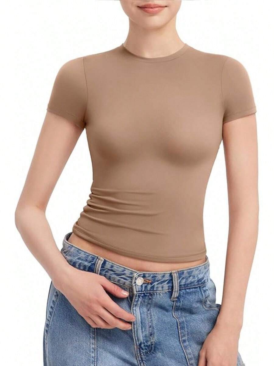 Women's Crew Neck Short Sleeve Tops Double Lined Slim Fit T Shirts Basic Tee Smoke Cloud Pro Collection - gừng - Xem 1