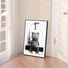 1 tấm Poster trang trí phòng tắm hình chú gấu dễ thương màu đen và trắng, Tranh in trên vải canvas, Trang trí phòng hiện đại, Không khung - Màu xám đen - Xem 3