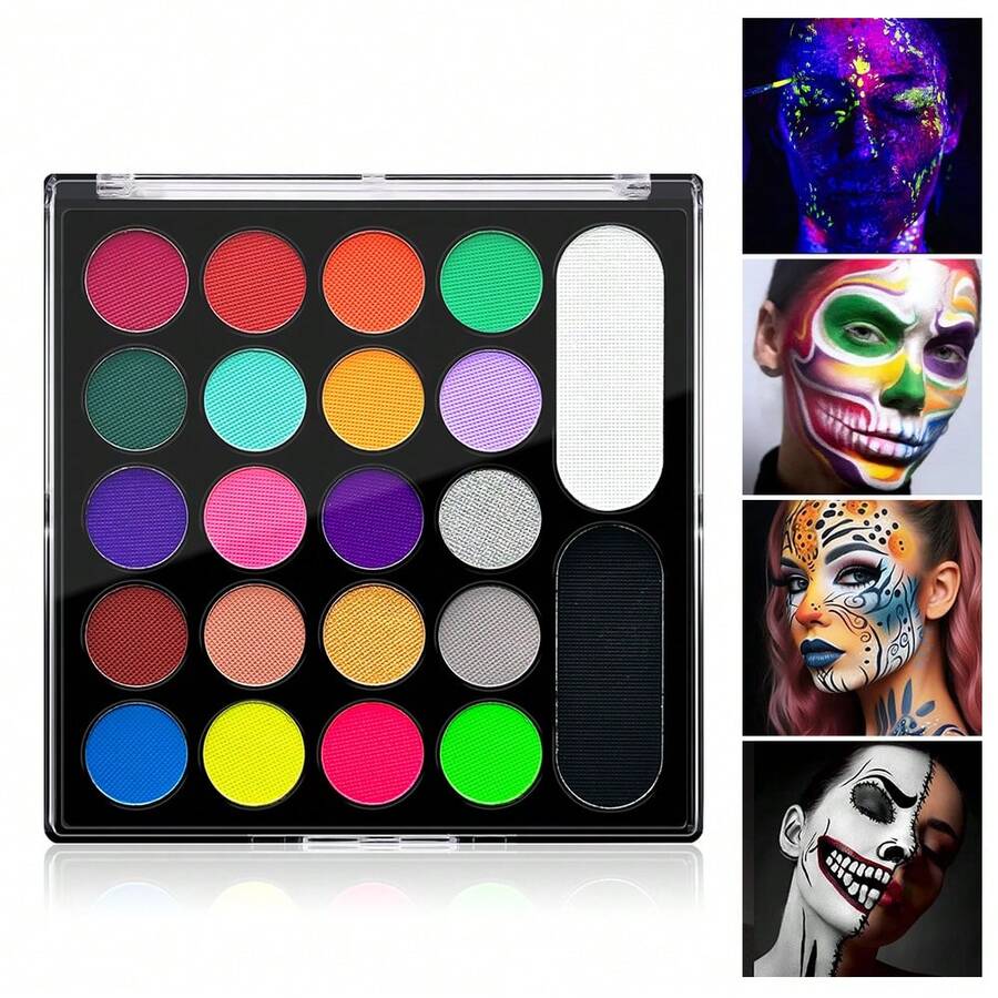 VERONNI 22 màu sơn mặt tan trong nước trang điểm Halloween, bảng màu sơn đèn UV Neon đen, bảng màu sơn mặt chuyên nghiệp cho trang điểm chú hề SFX Halloween