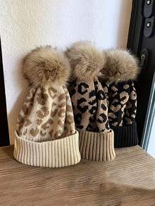 1顶时尚豹纹卷边毛球针织帽，轻盈保暖，加厚纱线，扎染图案，女士款，适合感恩节/户外活动，时尚配饰 - 針織帽 - 查看 9