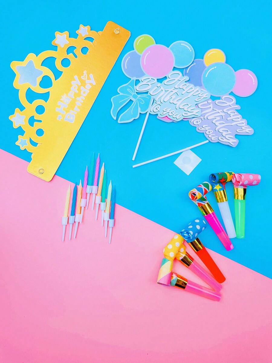 1 Set Happy Birthday Hat, Cake Topper Flags, Spiral Candles, Birthday