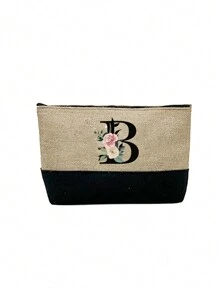 1件卡其色花卉字母图案女士手提包兼化妆包，送给优秀教师的礼物，可重复使用的托特包，女士简约大容量旅行化妆包，多功能便携式女士礼品