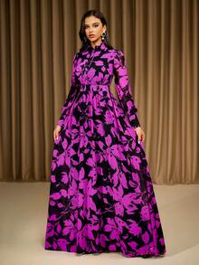 紫色长袖立领雪纺连衣裙，端庄