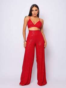 Women's Sequin Pantaloons And Cropped Bra Set With Shiny Party Dress - Đỏ - Xem 1