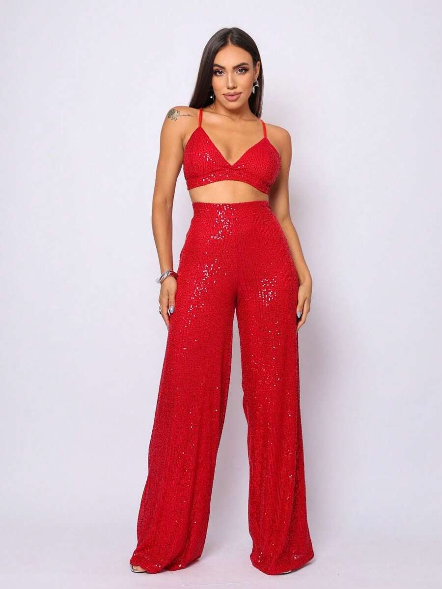 Women's Sequin Pantaloons And Cropped Bra Set With Shiny Party Dress - Đỏ - Xem 1