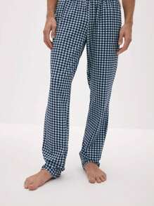 男士休闲格子裤，带侧袋，宽松家居裤，舒适家居和瑜伽裤（不含上衣） - 藍白色 - 查看 7