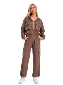 2-Piece Solid-Color Set Of Hooded Jacket With Zipper And Pockets And Cargo Pants With Adjustable Pockets - 粉色 - 查看 5