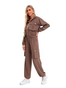 2-Piece Solid-Color Set Of Hooded Jacket With Zipper And Pockets And Cargo Pants With Adjustable Pockets - 粉色 - 查看 8