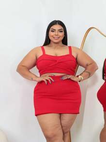 Women's Plus Size Cropped And Short Skirt Set With Pocket, Comfortable And Elegant - Đỏ - Xem 1