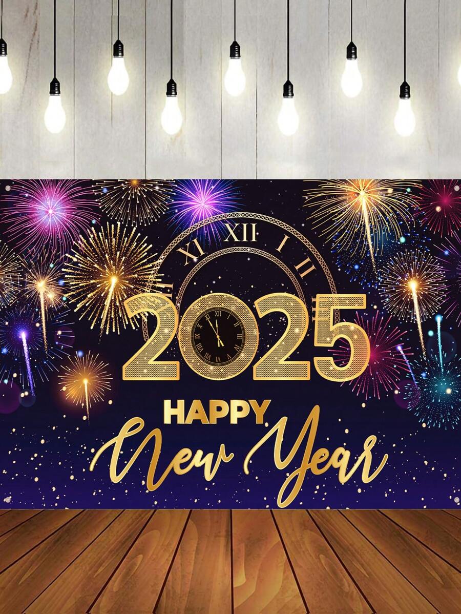 1 件 100*150 厘米新年快乐庆祝背景横幅，彩色烟花和倒计时时钟风格涤纶吊旗背景布，适用于 2025 年新年派对家庭房间家庭活动照片展位节日墙壁背景装饰，新年礼物，花园庭院装饰花园旗帜
