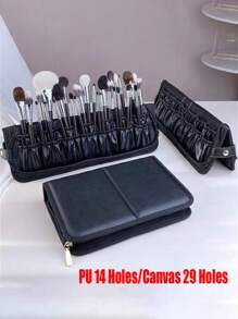 1 Porta-pennelli professionali per truccatori, pieghevole con cerniera, spaziosa, capacità grande, 14 fori in PU o 29 fori in tela, custodia portaoggetti cosmetici portatile con tasca, organizer per pennelli trucco, custodia da viaggio pieghevole e in piedi,  per conservare i cosmetici, portatile, durevole e asciuga rapidamente - pennelli non inclusi, accessori per il bagno, organizer per il trucco, decorazioni per il bagno, articoli per vacanze estive, accessori per il ritorno a scuola - nero - Visualizzare 2