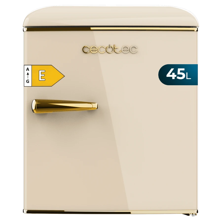 Cecotec Bolero CoolMarket TT Origin 45 Beige E Mini Retro-Tischkühlschrank, beige, 55 cm hoch und 44,7 cm breit, mit einem Fassungsvermögen von 45 l, Energieklasse E, Gefrierfach und goldfarbenem Chromgriff. - Verschiedenfarbig - Übersicht 1