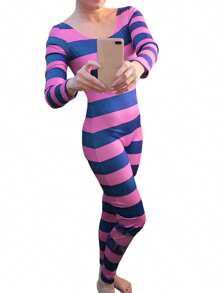 Cheshire Cat Costume For Women Pink Purple Striped Long Sleeve Jumpsuit Halloween Costume Cosplay Outfit