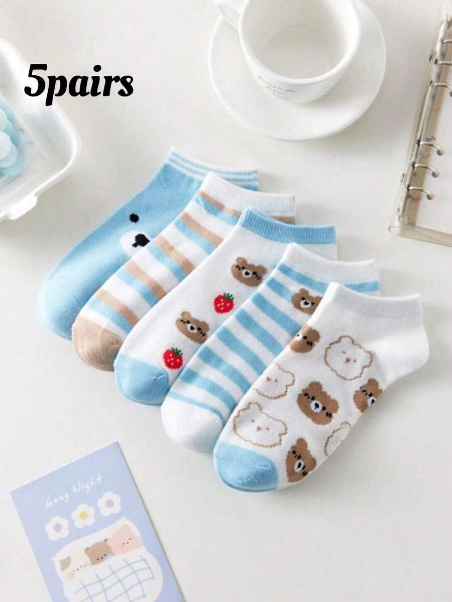 5pairsFour Seasons Blue Bear Women's Short Socks - Multicolor - View 1
