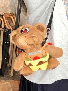 创意3D汉堡熊斜挎包卡通个性单肩包可爱毛绒手机包女生零钱包时尚小背包生日礼物 - 棕色 - 查看 1