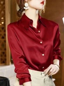 女士纯色前扣长袖衬衫，优雅的办公服装 - 紅色 - 查看 2