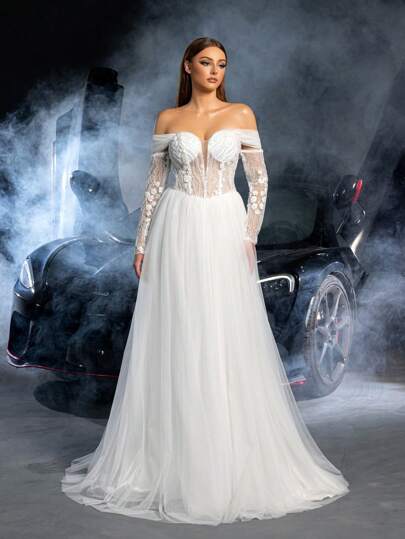 Elegant Off-Shoulder Long Sleeve Tie-Up Backless Floral Beaded Wedding Dress, White Bridal Gown