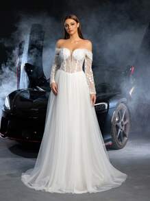 优雅露肩长袖系带露背花卉串珠婚纱，白色新娘礼服 - 白色 - 查看 5