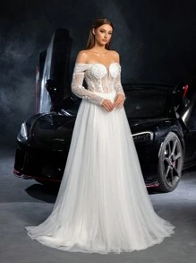 优雅露肩长袖系带露背花卉串珠婚纱，白色新娘礼服 - 白色 - 查看 6