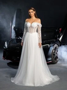 优雅露肩长袖系带露背花卉串珠婚纱，白色新娘礼服 - 白色 - 查看 7