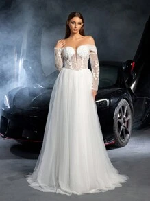 优雅露肩长袖系带露背花卉串珠婚纱，白色新娘礼服 - 白色 - 查看 4