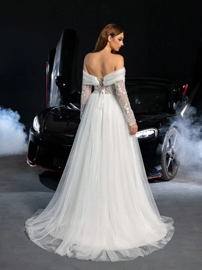 Elegant Off-Shoulder Long Sleeve Tie-Up Backless Floral Beaded Wedding Dress, White Bridal Gown