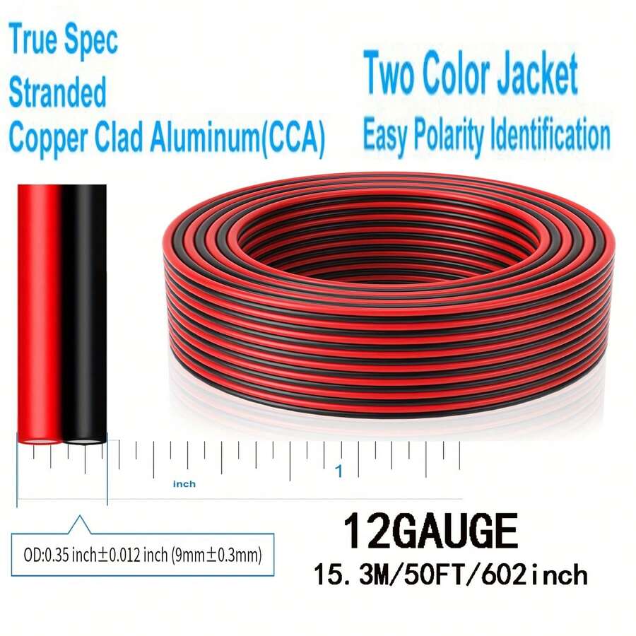12/14/16/18 Gauge 2Conductor Wire, Red And Black Copper Clad Aluminum