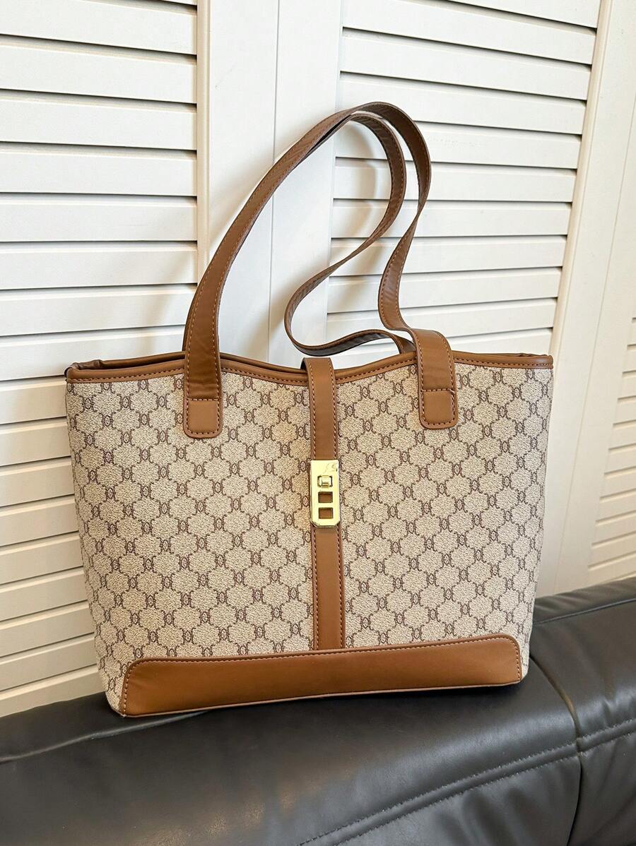 大容量图案手提包，经典时尚设计 - 灰色 - 查看 1