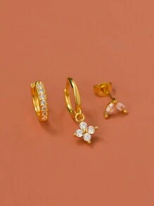 一套不锈钢绿色水晶锆石耳环，女士几何耳骨穿孔耳环，时尚饰品 - 彩色 - 查看 16